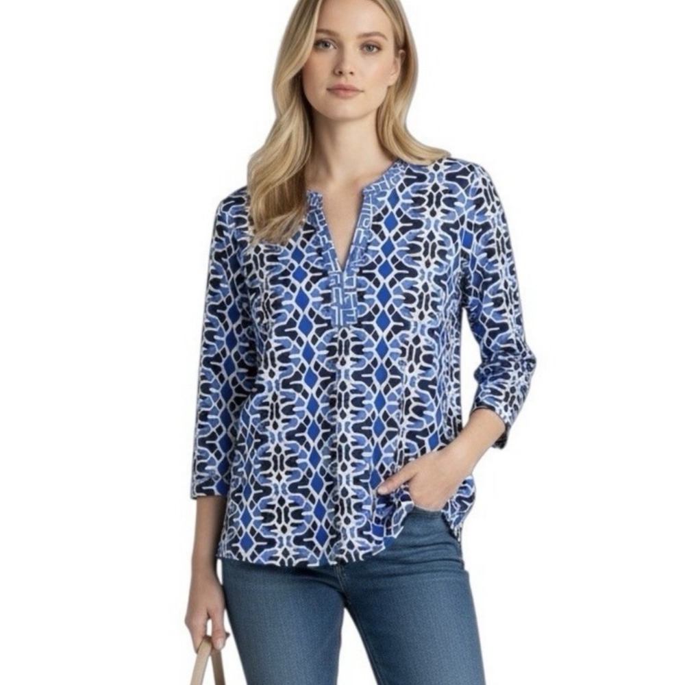 J McLaughlin Womens Tunic Top S Blue Catalina Cloth Coastal 3/4 Sleeve Geometric